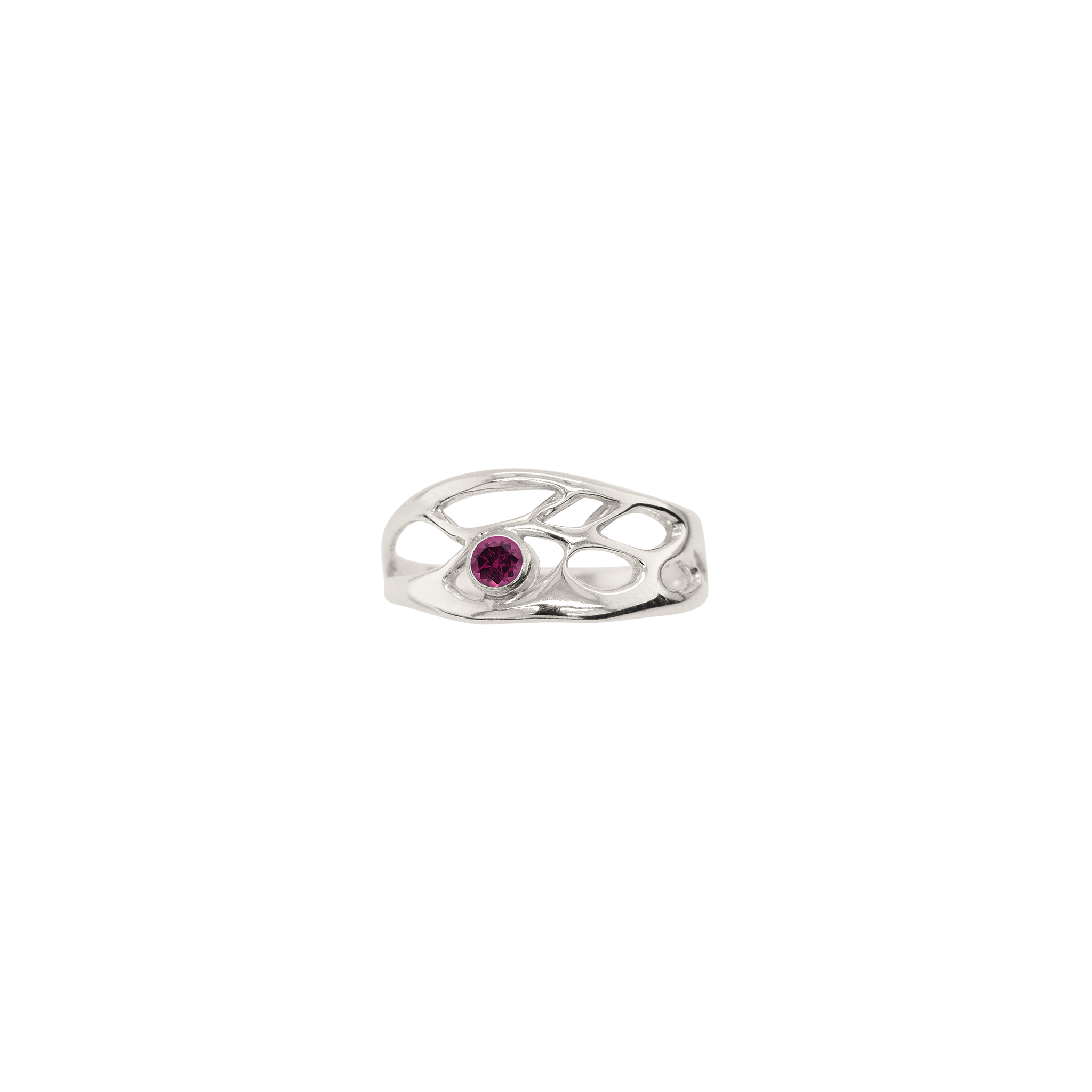 narrow botanical engagement ring with garnet on white background