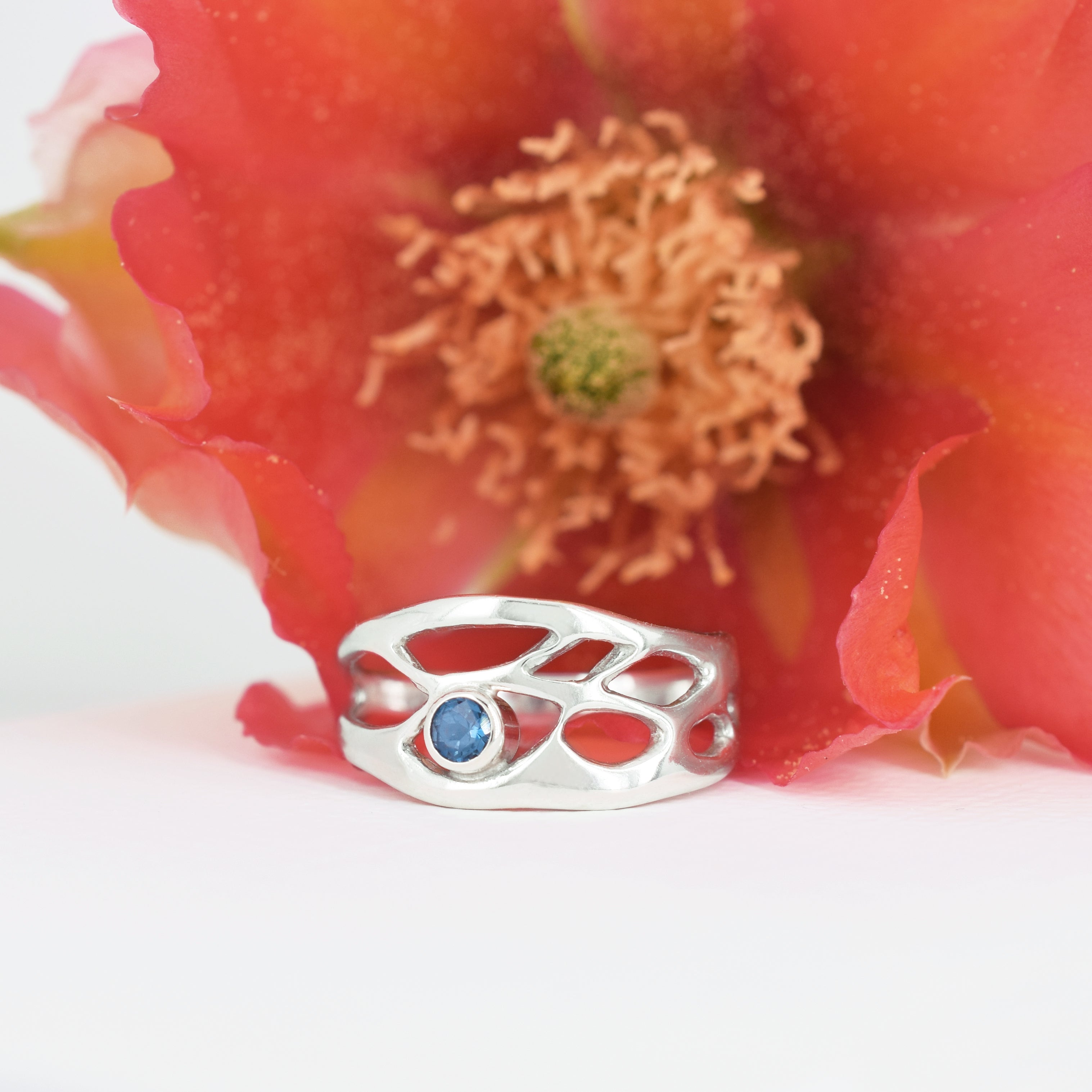 narrow botanical pattern ring with birthstone