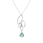 Image of a silver four leaf dangle necklace with green mystic quartz gemstone on white background