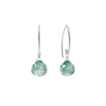 Image of silver dangle earrings with green quartz gemstone on white background